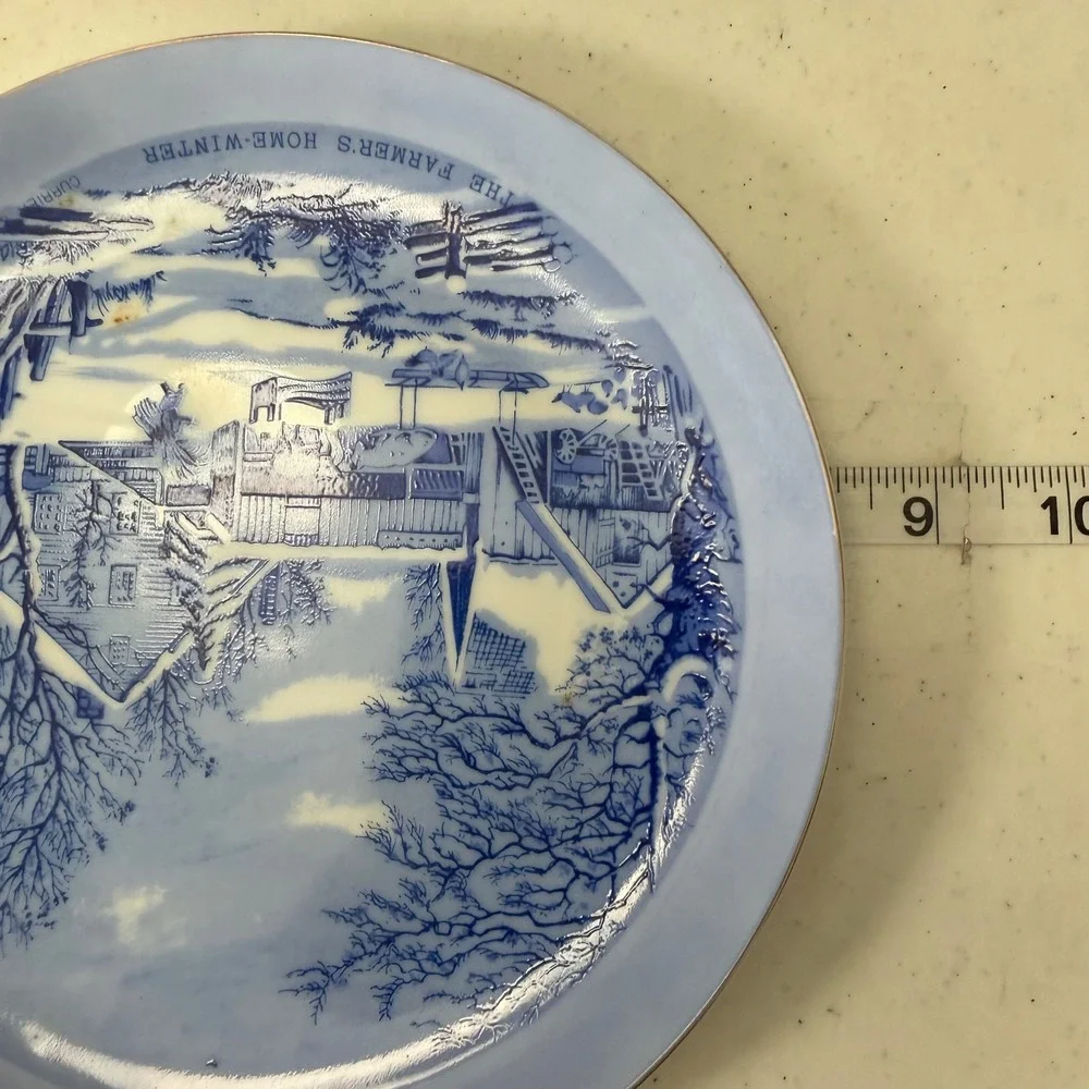 Currier & Ives The Farmers Home Winter Blue White Transferware Plate Japan
